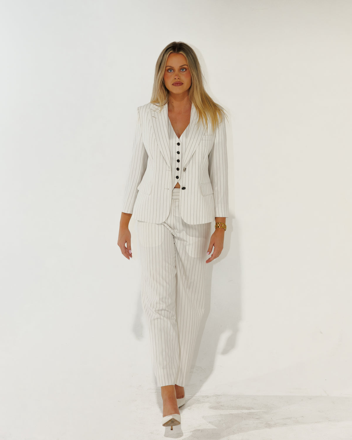 Angel white pinstriped suit - Women's Made to Measure Suit | House of Falcone