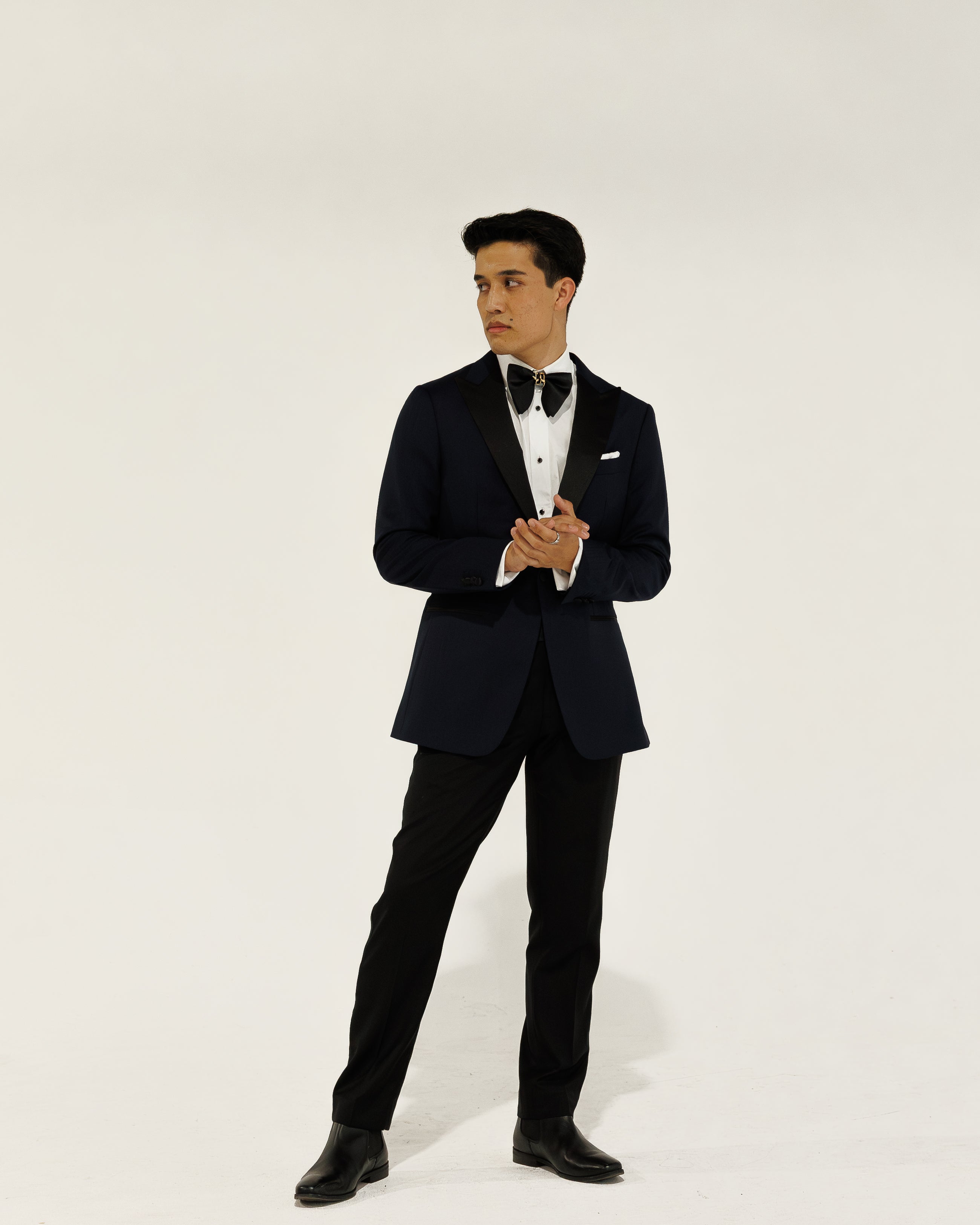 Navy herringbone tux Detail - Premium Italian Fabric | House of Falcone Brisbane